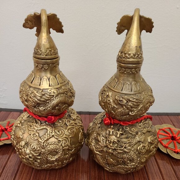 TWO Feng Shui Heavy Brass Hollow Gourds with Coins to Attract Wealth - Picture 5 of 14